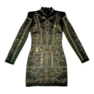 Bebe black studded mini bodycon dress with rhinestone embellishments